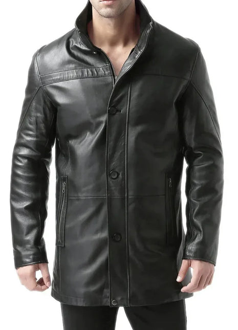 Murphy Men's Real Lambskin Black Leather Car Coat - 3/4 Length Coat