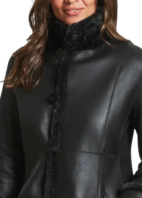 Victoria Womens Black Leather Shearling Winter Coat