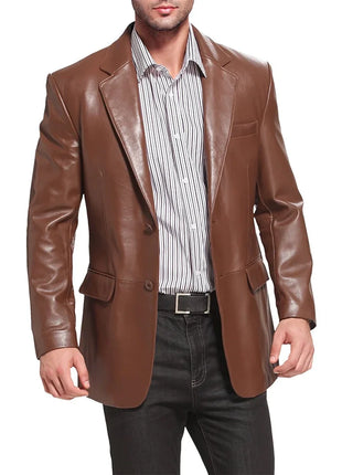 Mens Notched Lapel Two Button Brown Leather Blazer