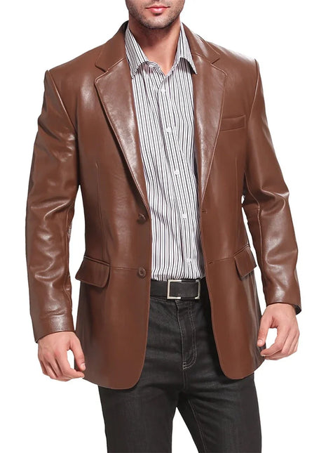 Mens Notched Lapel Two Button Brown Leather Blazer