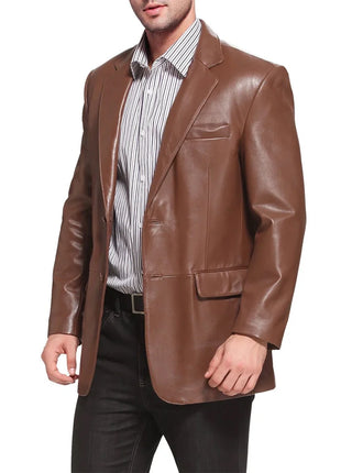 Mens Notched Lapel Two Button Brown Leather Blazer