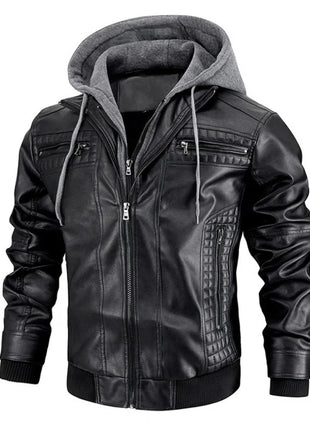 Men's Distressed Black Leather Bomber Jacket with Removable Hood