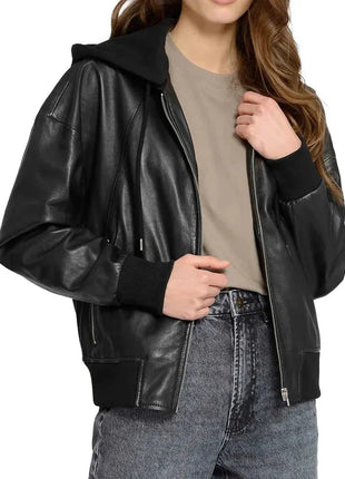 Women's Black Hooded Leather Bomber Jacket with Removable Hood