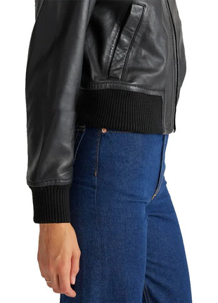 Cropped Black Leather Ladies Bomber Jacket