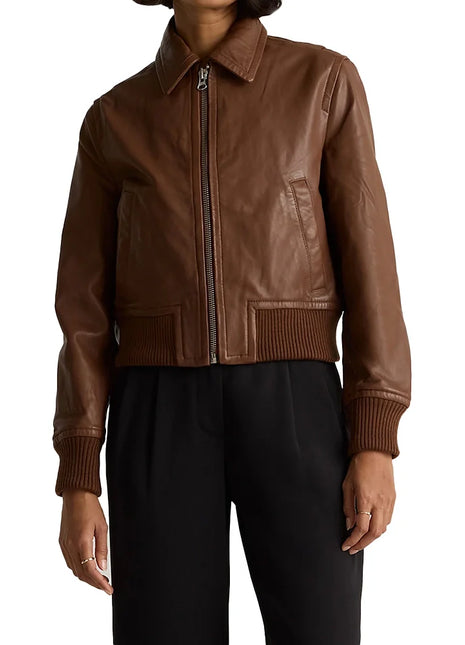 Cropped Brown Bomber Leather Jacket Women's