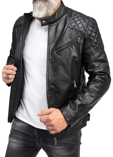 Mens Padded Black Cafe Racer Leather Jacket