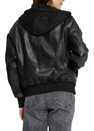 Women's Black Hooded Leather Bomber Jacket with Removable Hood