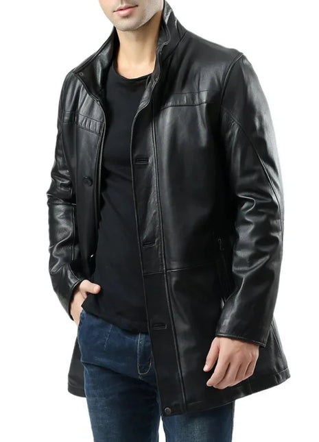 Murphy Men's Real Lambskin Black Leather Car Coat - 3/4 Length Coat