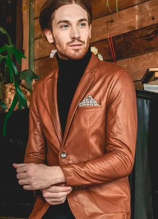 Mens Brown Two Button Tan Natural Leather Blazer Jacket