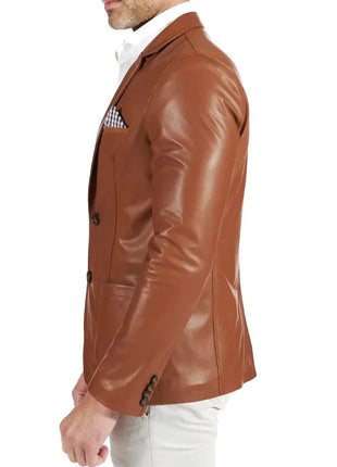 Mens Brown Two Button Tan Natural Leather Blazer Jacket
