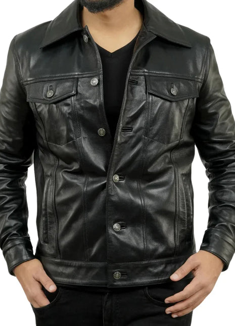 Holland Black Real Leather Trucker Jacket Mens