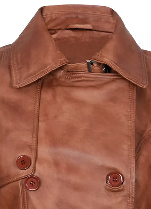 Women's Brown Double-Breasted Mid Length Leather Trench Coat