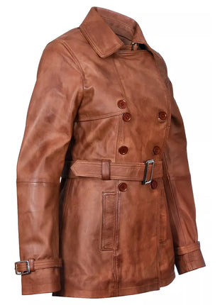 Women's Brown Double-Breasted Mid Length Leather Trench Coat