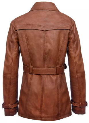 Women's Brown Double-Breasted Mid Length Leather Trench Coat