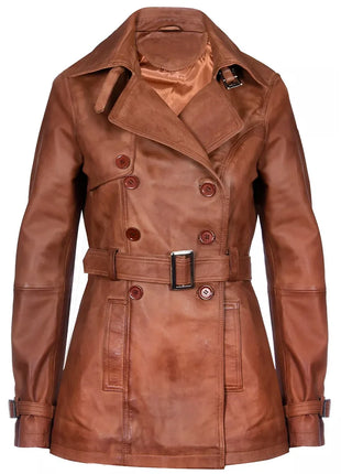 Women's Brown Double-Breasted Mid Length Leather Trench Coat