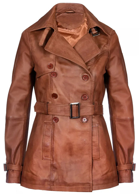 Women's Brown Double-Breasted Mid Length Leather Trench Coat