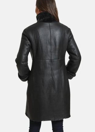 Victoria Womens Black Leather Shearling Winter Coat