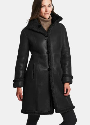 Victoria Womens Black Leather Shearling Winter Coat