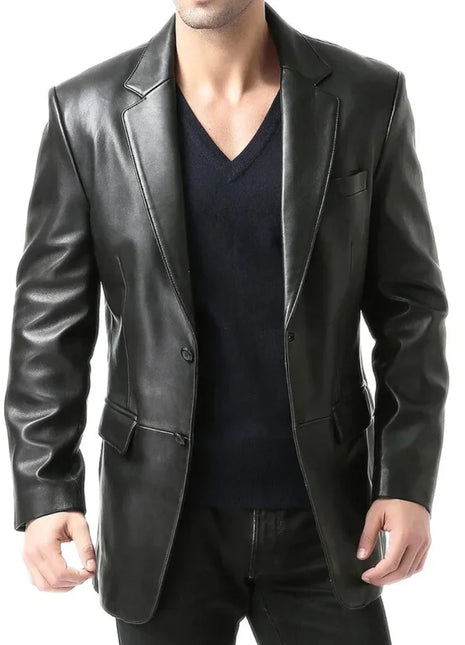 Men's Two Button Real Lambskin Black Leather Blazer