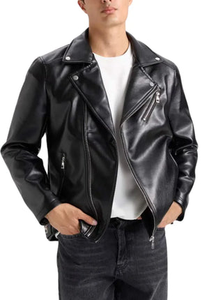 American Polo Collar Black Men Biker Leather Jacket