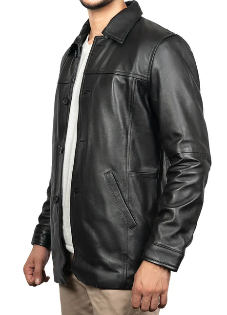 Victor Black Mens 3/4 Length Lambskin Leather Car Coat