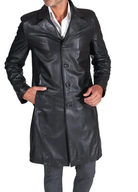 Men's Long Real Black Lamb Leather long Coat