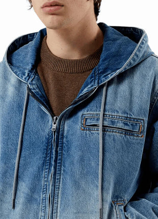 Mens Blue Denim Hooded Jean Jacket