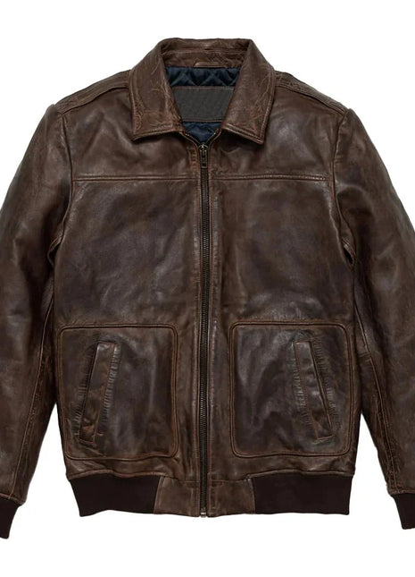 Maverick Vintage Brown Leather Bomber Jacket with Detachable Sherpa Collar