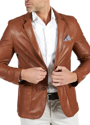 Mens Brown Two Button Tan Natural Leather Blazer Jacket