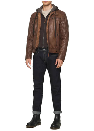 Men's Mocca Brown Leather Bomber Jacket with Removable Hood