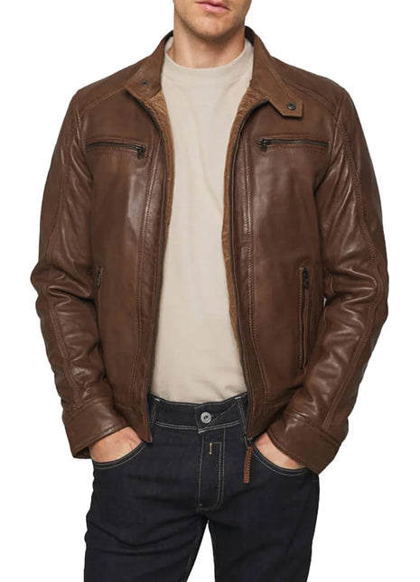 Men's Mocca Brown Leather Bomber Jacket with Removable Hood