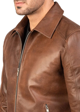 Reeves Men's Brown Shirt Collar Leather Biker Jacket