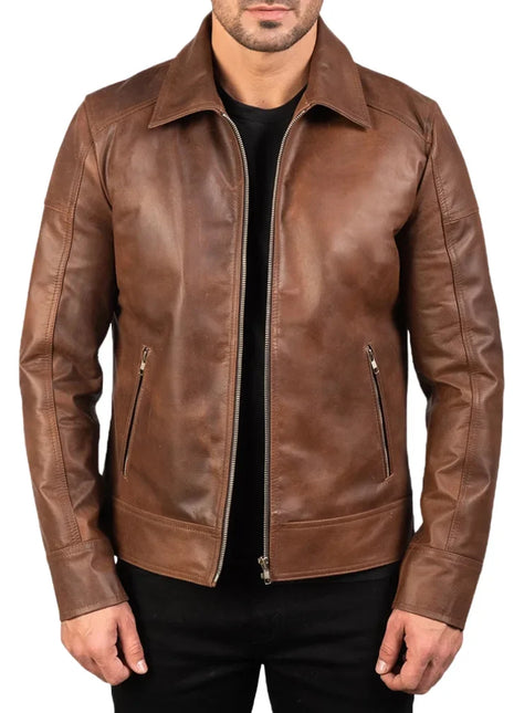 Reeves Men's Brown Shirt Collar Leather Biker Jacket
