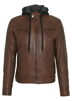 Men's Mocca Brown Leather Bomber Jacket with Removable Hood