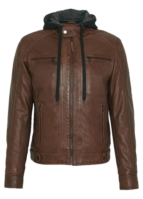 Men's Mocca Brown Leather Bomber Jacket with Removable Hood