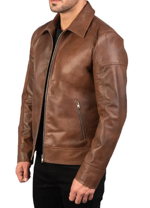 Reeves Men's Brown Shirt Collar Leather Biker Jacket