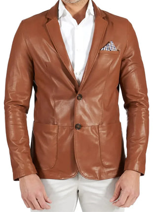 Mens Brown Two Button Tan Natural Leather Blazer Jacket