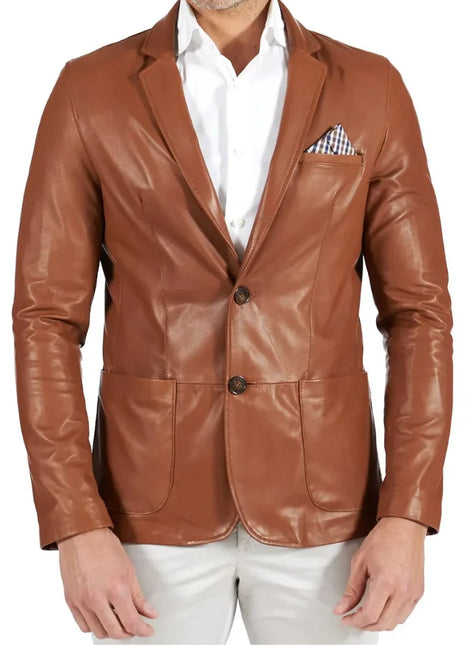 Mens Brown Two Button Tan Natural Leather Blazer Jacket