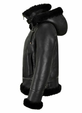 Womens Hooded Shearling Black Bomber Aviator Jacket