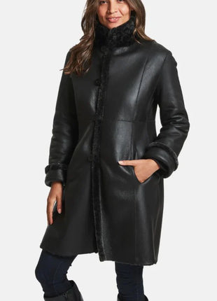 Victoria Womens Black Leather Shearling Winter Coat