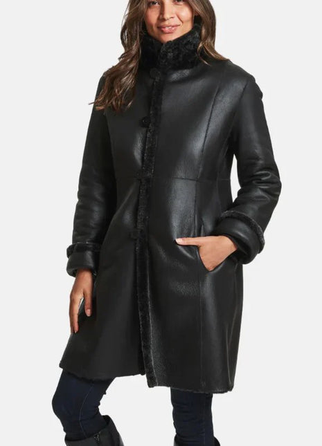 Victoria Womens Black Leather Shearling Winter Coat