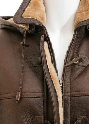 Women's Brown Sheepskin Duffle Coat With Hood