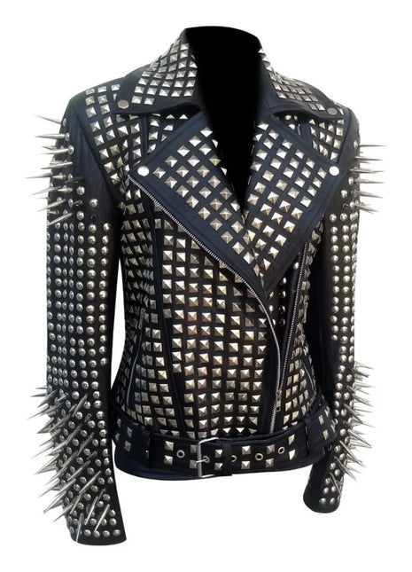 Spikes Studded Black Ladies Brando Leather Jacket