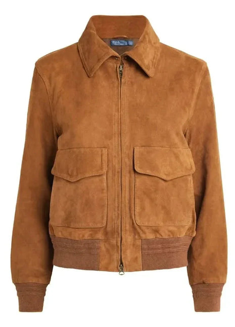 Womens Camel Lauren Brown Suede Bomber Jacket