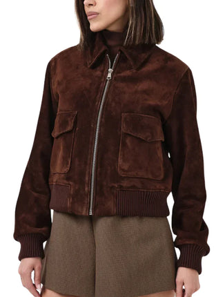 Womens Camel Lauren Brown Suede Bomber Jacket