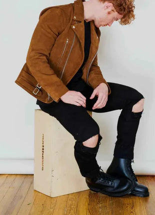 Men's Brown Moto Suede Leather Jacket