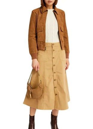 Womens Camel Lauren Brown Suede Bomber Jacket
