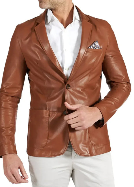 Mens Brown Two Button Tan Natural Leather Blazer Jacket