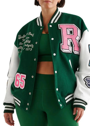 Womens Green and White Woo Blend Varsity Jacket