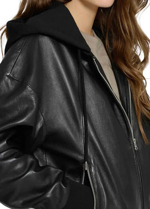 Women's Black Hooded Leather Bomber Jacket with Removable Hood